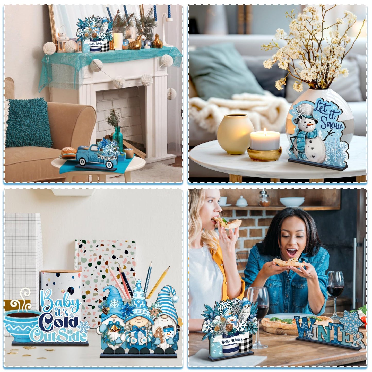 Wenqik 6 Pcs Winter Wooden Table Decorations Blue Wood Tabletop Sign Centerpiece Rustic Winter Snowflake Snowman Gnomes Decorations for Office Desk Farmhouse Home Kitchen Shelves Decorative