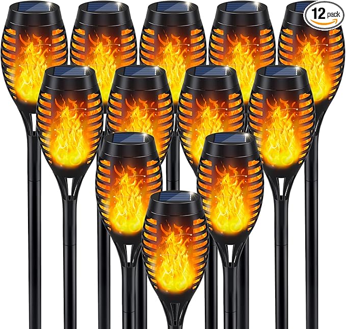 IkeeRuic Solar Halloween Flame Torch Lights for Outdoor Decor, 12Pack Outdoor Lights Solar Powered Waterproof, LED Torches for Outside Decor, Luces Solares Outdoor Decorations for Patio Garden Art