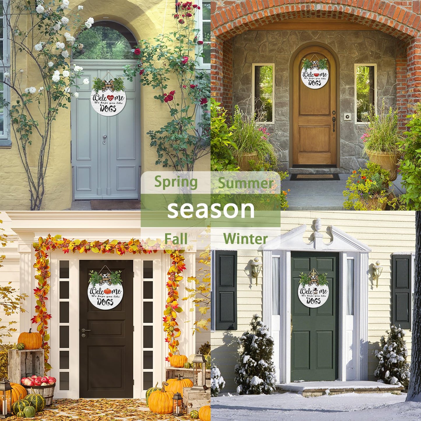 Interchangeable Wooden Seasonal Welcome Wreath, Rustic Round Dogs Front Door Wreaths for Home/Wall/Porch/Farmhouse Decor, for Easter Spring Summer Fall Halloween Christmas All Season Decorations