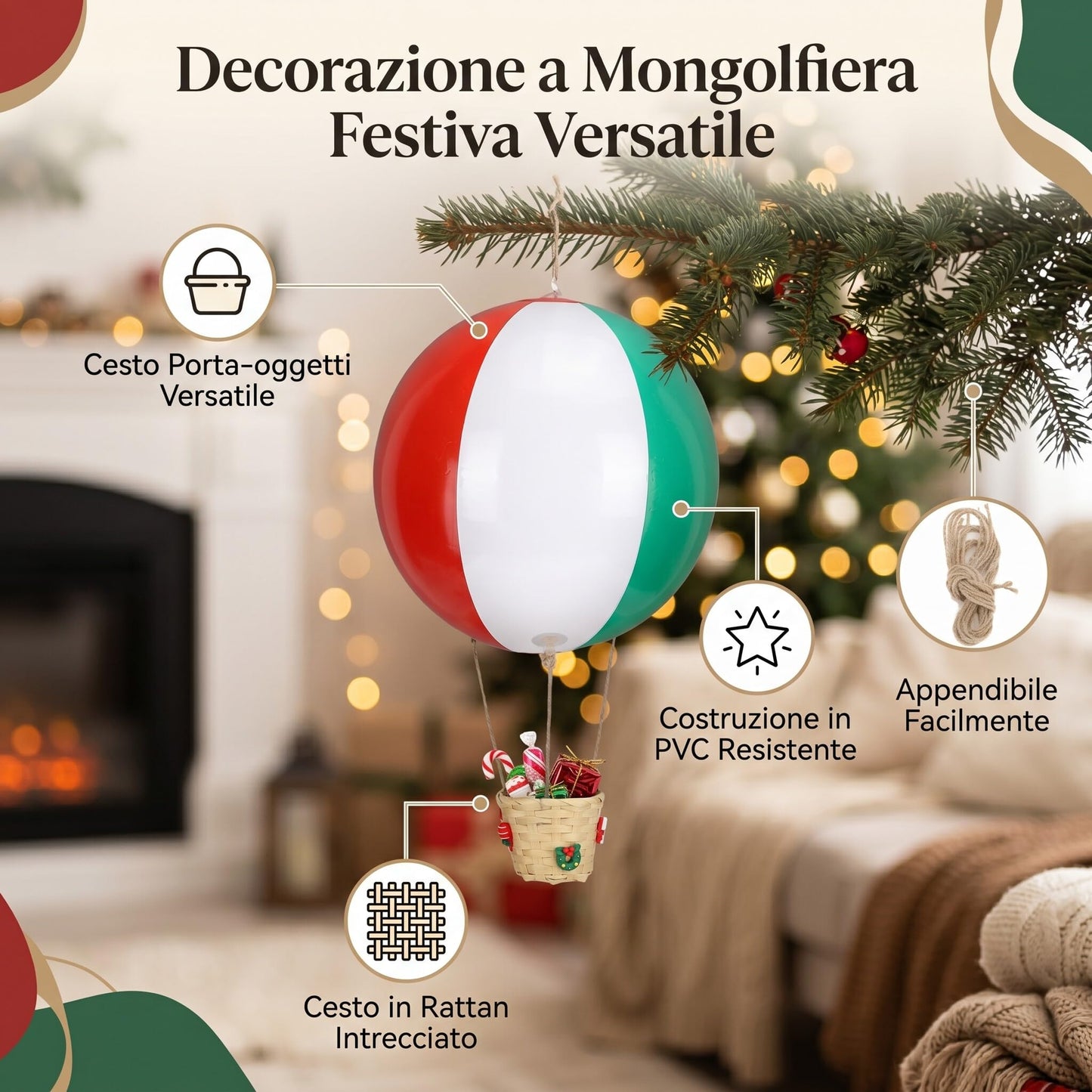 OEBUAFI Christmas Hot Air Balloon Basket, PVC Storage Bin for Dolls Candies, Lightweight Holiday Decor with Hemp Rope for Christmas Decor