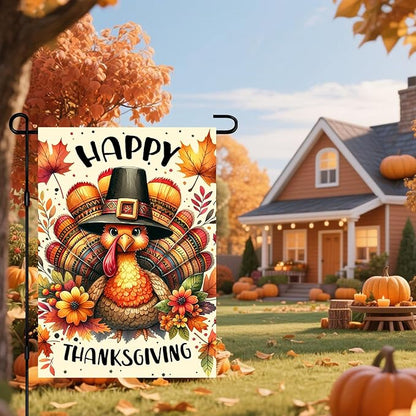 Thanksgiving Garden Flag 12x18 Inch Double Sided Turkey Flags Happy Fall Pumpkin Leaves Acorn Small Yard Flag Autumn Harvest Decoration for Outdoor Porch Lawn Holiday Seasonal Display