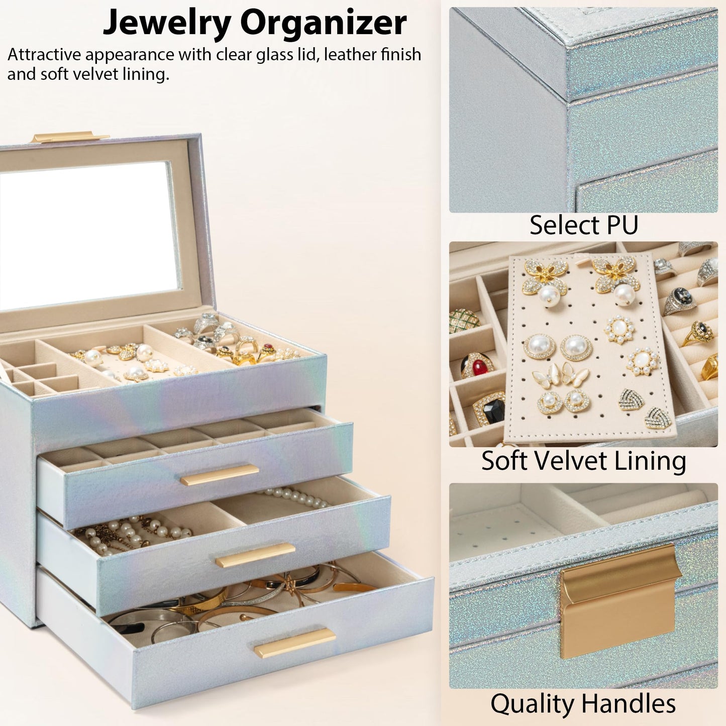 AKOZLIN 4-Tier Jewelry Box with Clear Glass Lid Functional Leather Jewelry Storage Organizer Case 3 Drawers for Women Girls Necklace Ring Bracelet Earring