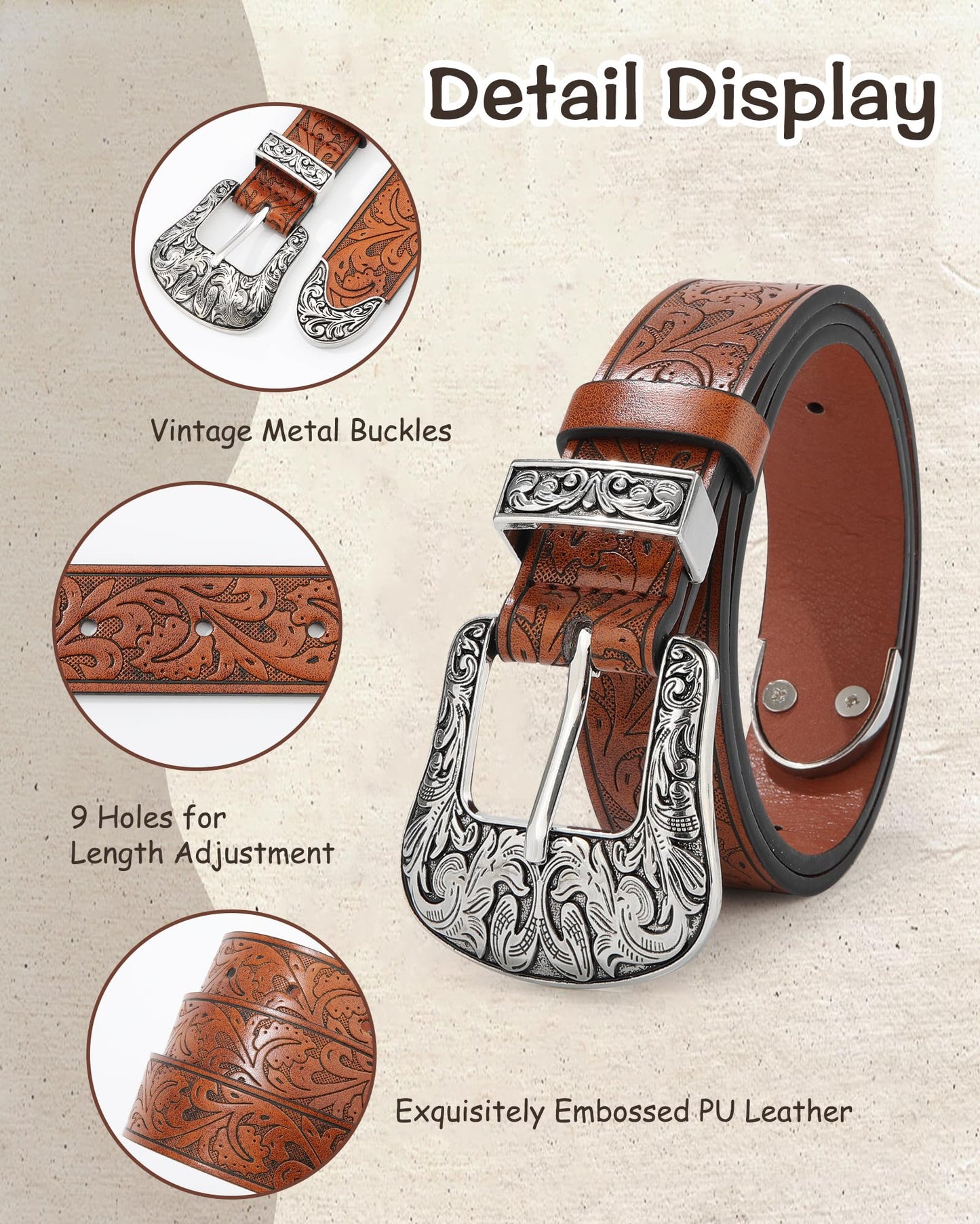 AWAYTR Kids Western Belt for Girls - Vintage Cowgirl Leather Belt for Jeans Dresses, Brown, Fit Waist 20-24in