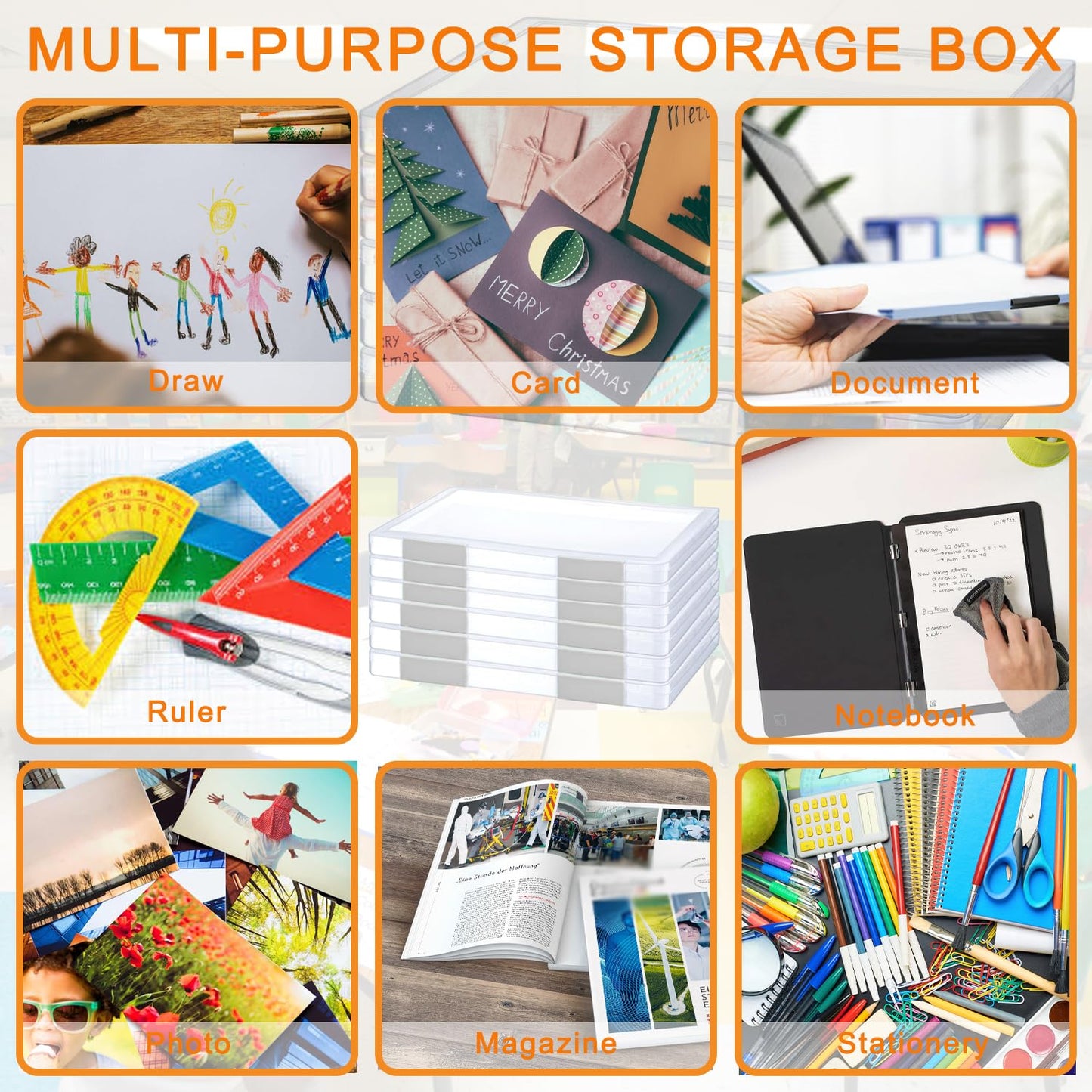 LonlyEagle 12 Pcs Clear A4 File Portable Project Case, Plastic Storage Box for 8.5" x 11" Letter Paper, Scrapbook Paper Storage Boxes Documents Magazines Holder