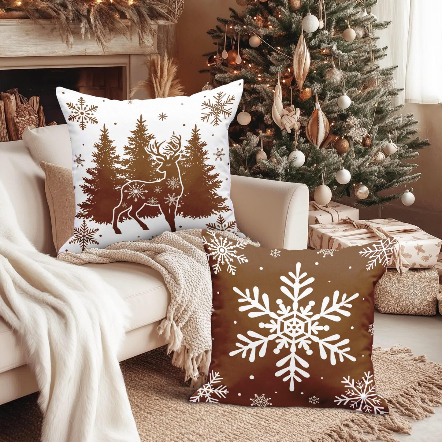 Lanpn Christmas Throw Pillow Covers 18x18 Set of 4, Merry Christmas Winter Xmas Snowflake Decorative Holiday Cushion Pillow Cases 18 x 18 for Outdoor Indoor Farmhouse Home Room Couch Decor (Brown)