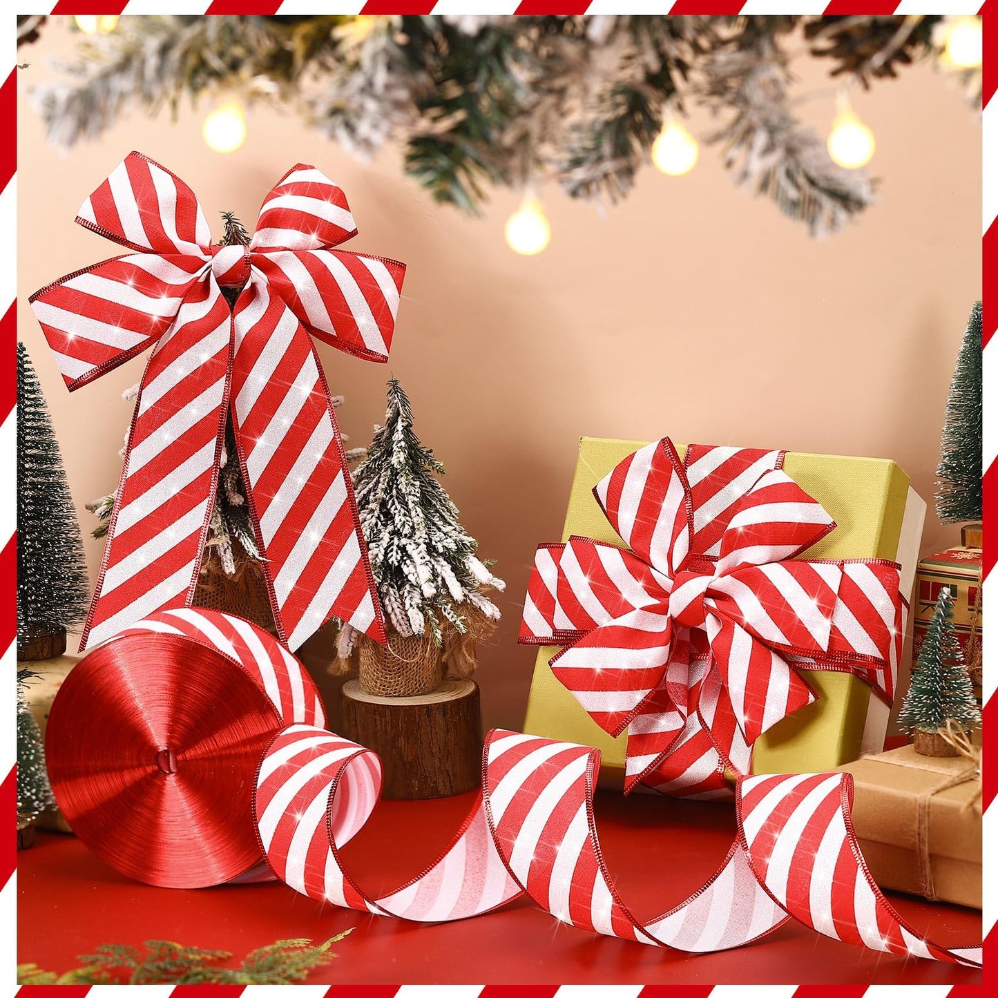 Waydress 2 Rolls Christmas Peppermint Stripe Ribbon Glitter Wired Candy Cane Fabric Wrapping DIY Craft Wide Ribbons for Christmas Tree Bow Wreath(2.5 Inch X 50 Yard)