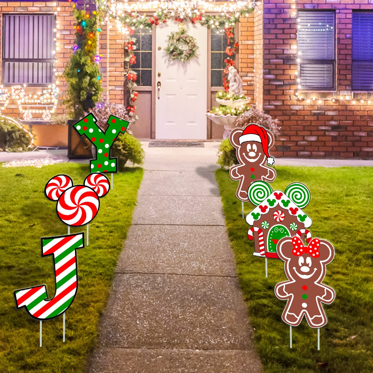 6Pcs Candy Outdoor Mouse Gingerbread Yard Signs - Candy Cane Peppermint Decorations - Waterproof Lawn Signs for Pathway Walkway Decor