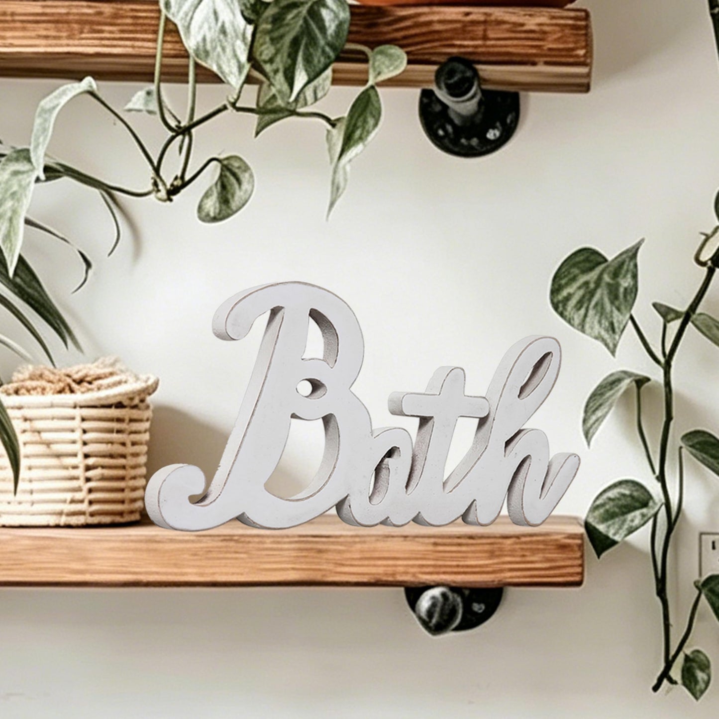 Sintosin Rustic Bath Signs for Bathroom 14 inches, Hanging Distressed White Bathroom Sign Decor for Shelf, Wooden Wall Signs for Home Decor, Decorative House Sign