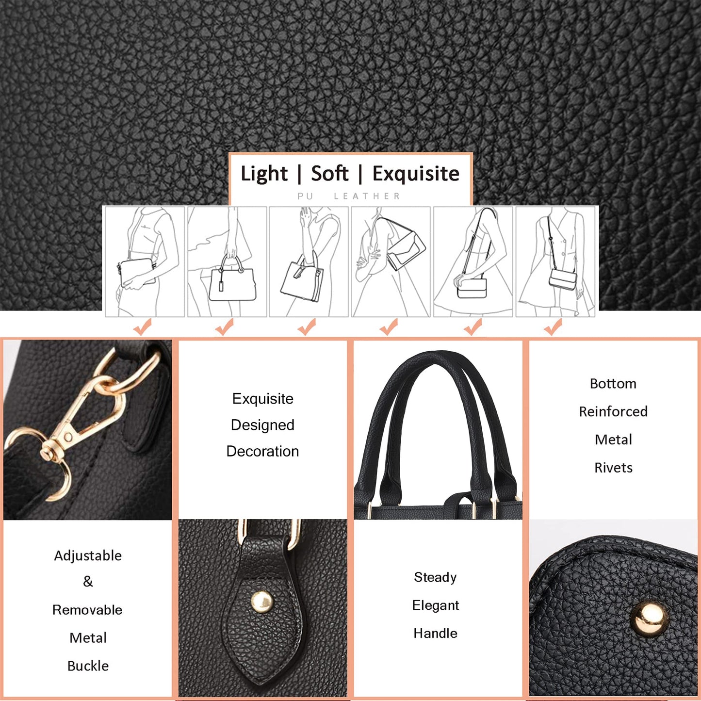 CHICAROUSAL Purses and Handbags for Women Leather Crossbody Bags Women's Tote Shoulder Bag (Black cc)