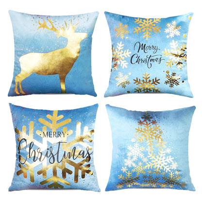 ONWAY Blue Gold White Christmas Decorations Throw Pillow Covers 18x18 Set of 4 Snowflakes Reindeer Decorative Cushion Cases Xmas Golden Decor for Couch Sofa Bedroom