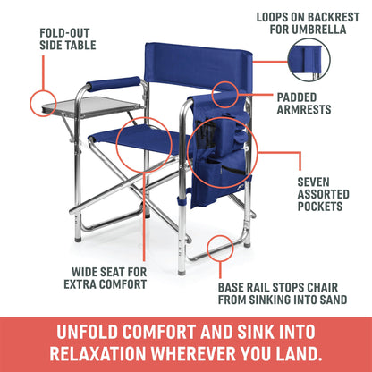 PICNIC TIME Sports Chair with Side Table, Outdoor Foldable Padded Adult Camping Chairs with Cup and Accessory Panel for Lawn, Beach, & Sports Use for Adults, up to 300-lbs Capacity, (Purple)