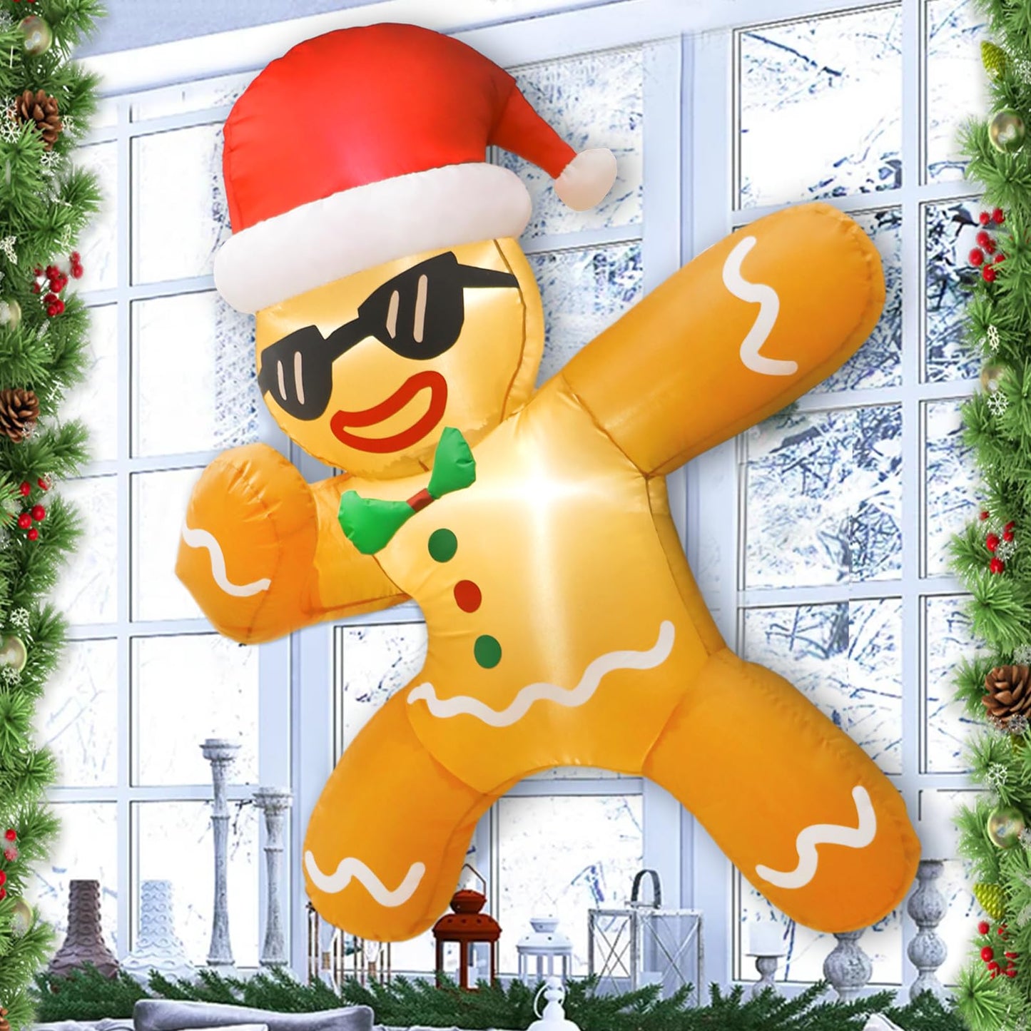CYAOOI 3.5 FT Inflatables Gingerbread Man Christmas Decorations Outdoor, Funny Gingerbread Inflatable with Xmas Hat Broke Out from Window, Christmas Blow Up with LEDs for Indoor Outside Garden Decor