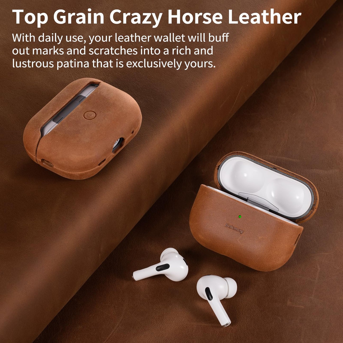 Belemay for AirPods Pro (2nd Generation) Case – Premium Crazy Horse Leather - Rich Patina- Secure Grip - Compatible with MagSafe and Wireless Charging - Compatible with Airpods Pro 2 Case - Tan