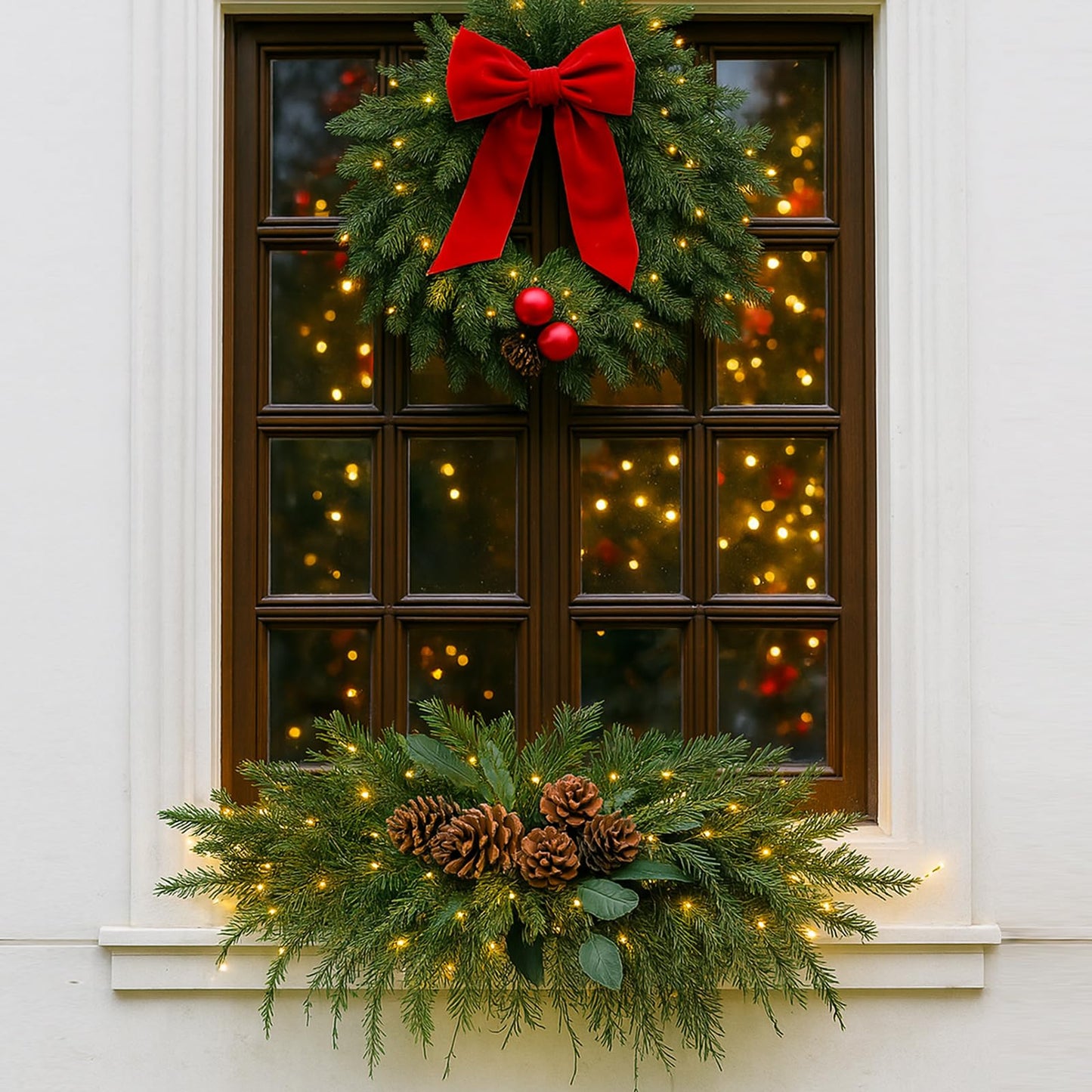 Yalikop 24.5 inch Christmas Swags with Light Artificial Pine Needles Swag Decoration Greenery Christmas Swag for Front Door Window Stair Fireplace Mantle Holiday Xmas Decor (Pine Cone)