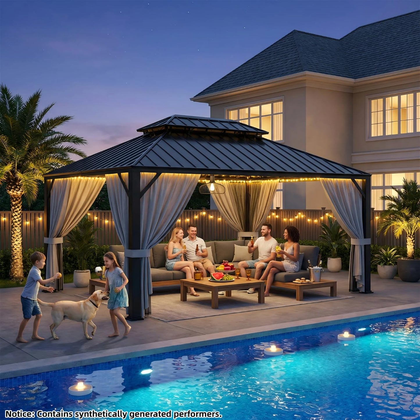 IRONCK 16'x12' Hardtop Gazebo, Update Aluminum Frame Gazebo with Galvanized Steel Double Roof, Outdoor Pergola with Curtain and Net, Backyard Canopy for Garden, Deck, Gray and Black