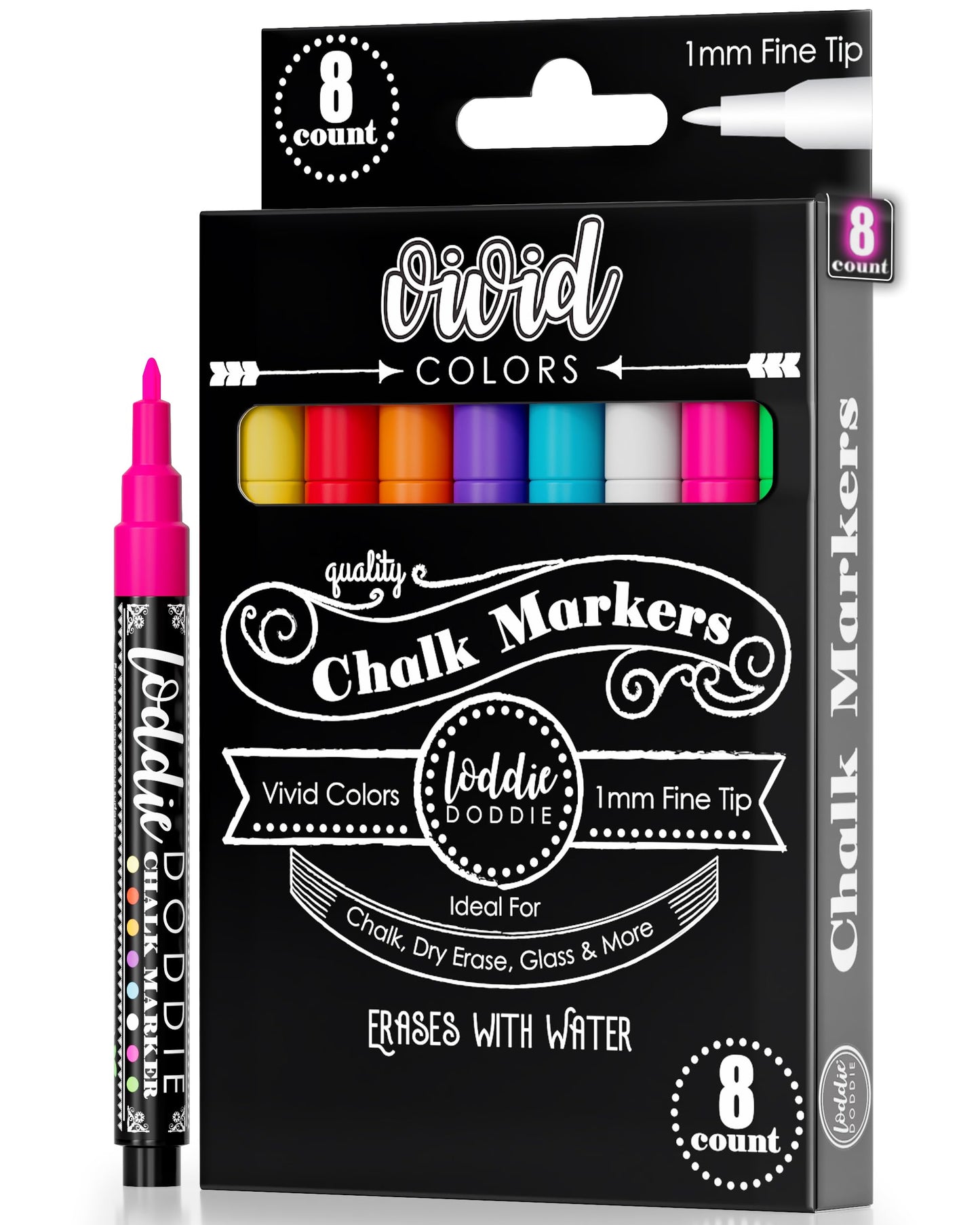 Loddie Doddie Fine Tip Liquid Chalk Markers - Pack of 8, 1mm Tip - Precision Chalk Pens for Chalkboard Calendar - Quick-Wipe Washable Glass Dry Erase Pens - Vibrant Neon Car Window Markers