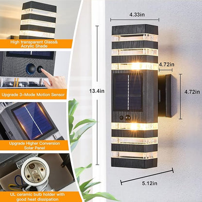 2 Pack Solar Outdoor Wall Lights with Motion Sensor 3-Mode Motion Outdoor Sconces 3000K 500LM Dusk to Dawn Solar Porch Light Fixtures Modern Up Down Exterior Wall Lamp for House Garage Front Door