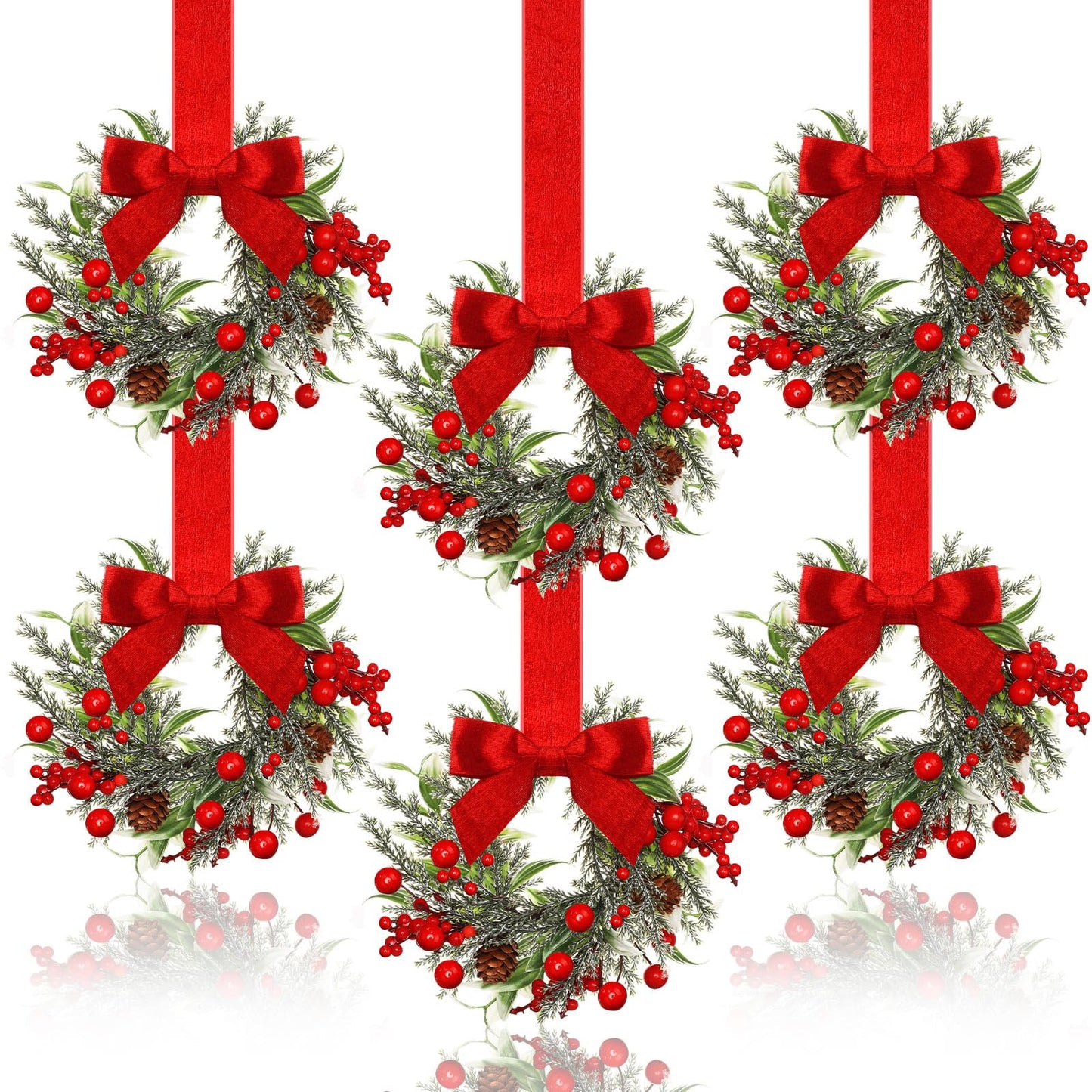 Dingion 6 Pcs 6" Christmas in July Mini Cabinet Wreaths for Kitchen with Ribbon Bows Red Berry Small Window Wreath for Window Door Farmhouse Christmas Party Decorations