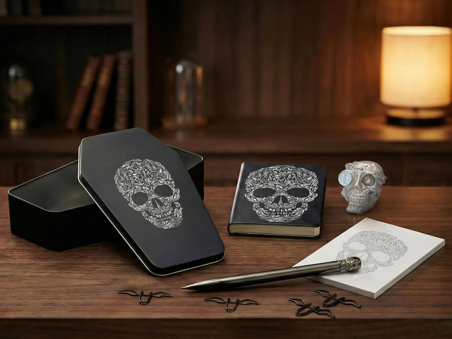 Death Decor Gothic Stationery Gift Set – Journal Notebook, Sticky Notes, Bat Paper Clips & Skull Magnet – Dark Aesthetic Writing Journal for Office, School, Halloween & Gifts