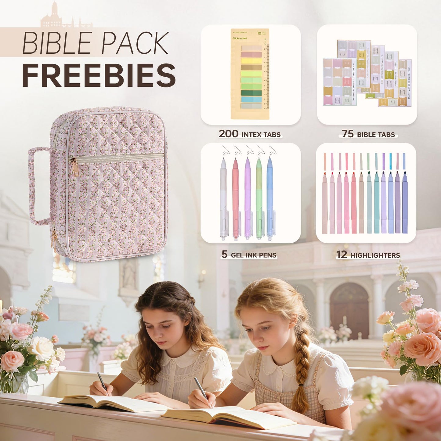 PPeen Bible Cover Case for Women Large Bible Cover Bag Quilted Bible Carrying Case for Girls Bible Study Supplies Accessories Christian Gifts for Women (Pink Floral, Large)