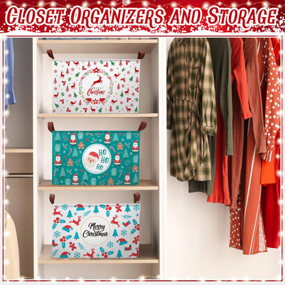 Boao 3 Pack Christmas Storage Baskets for Gifts Empty Collapsible Large Christmas Storage Bins, Xmas Canvas Laundry Basket with Handle for Office Home Bedroom Clothes Toys Holiday Decor