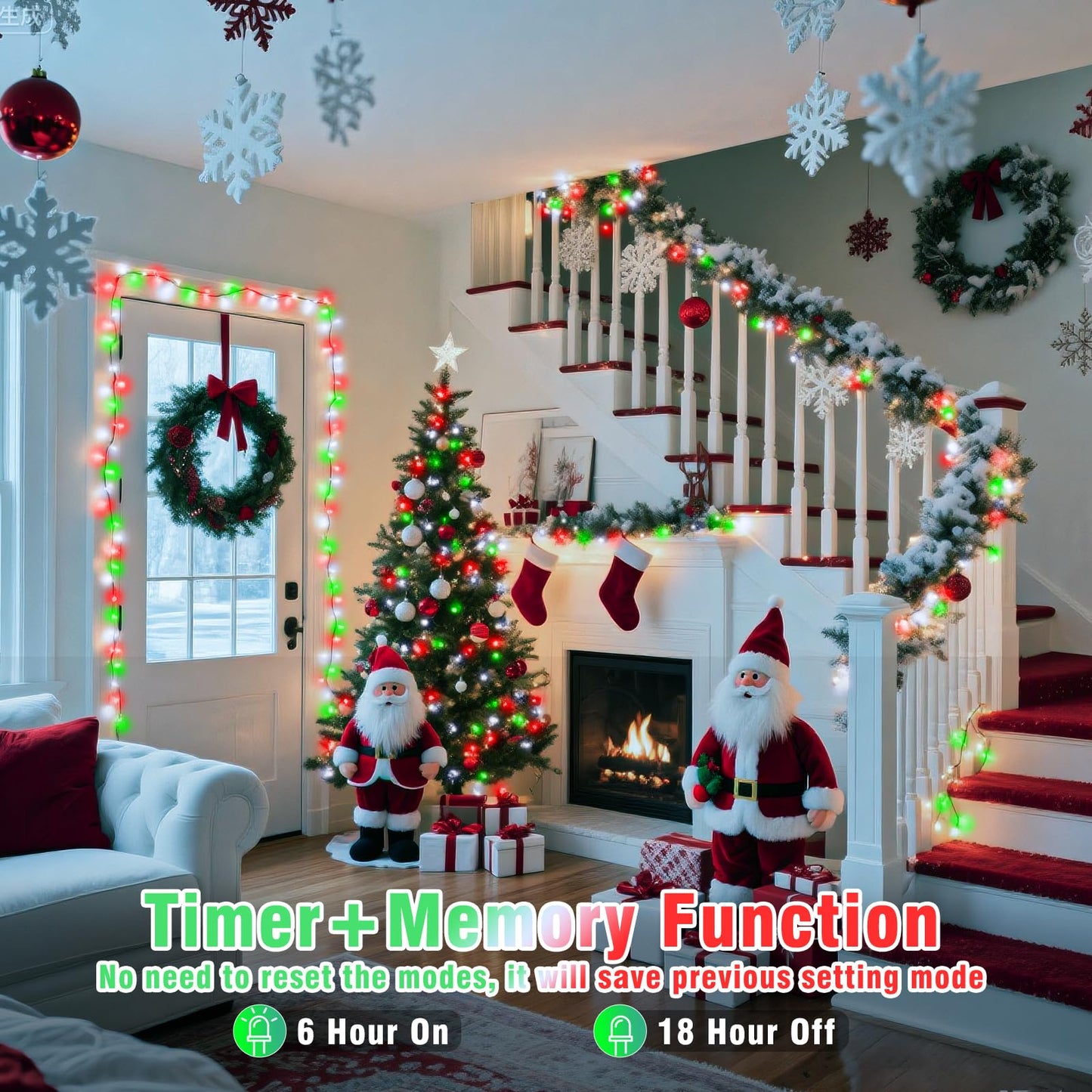 300 LED Christmas Lights Outdoor Indoor 100FT String Lights Indoor Clear Wire 8 Modes Plug in Twinkle Fairy Lights for Bedroom Christmas Tree Party Decorations, Red White&Green