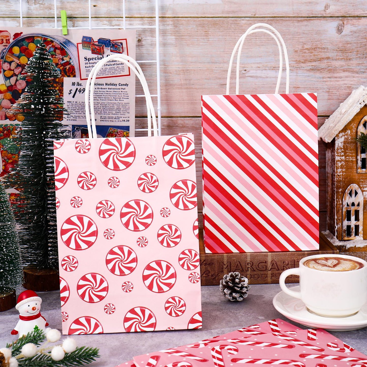JarThenaAMCS 18Pcs Christmas Paper Gift Bags with Handles Red Xmas Candy Cane Stripe Goodie Treat Bag Snack Favor Bags for Winter Xmas Party Supplies