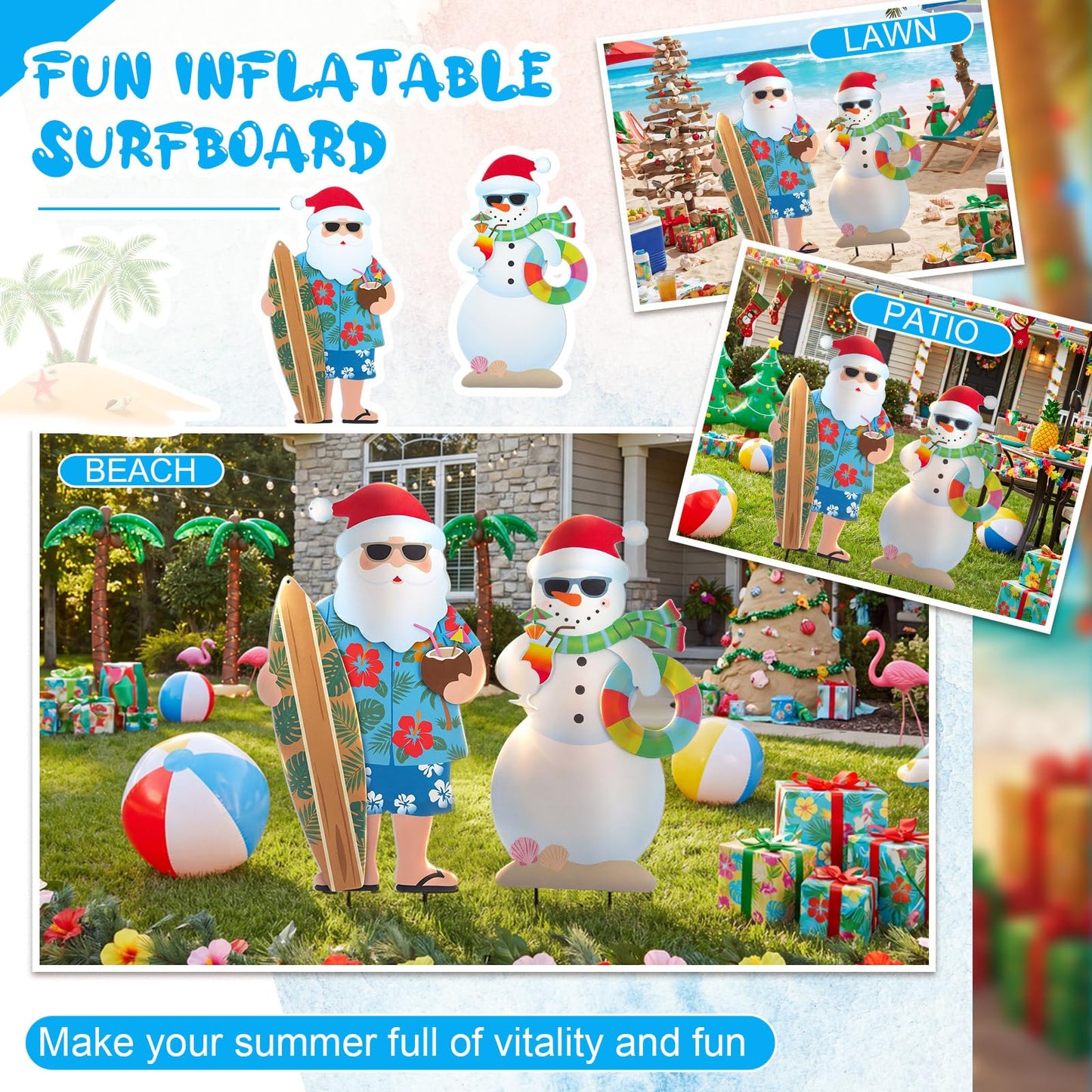 Leinuosen 2 Pcs Metal Christmas in July Yard Signs with Stake July Christmas Yard Decorations Beach Santa and Snowman Stake Signs Tropical Hawaiian Decor for Outdoor Garden Lawn Patio Walkway Pathway