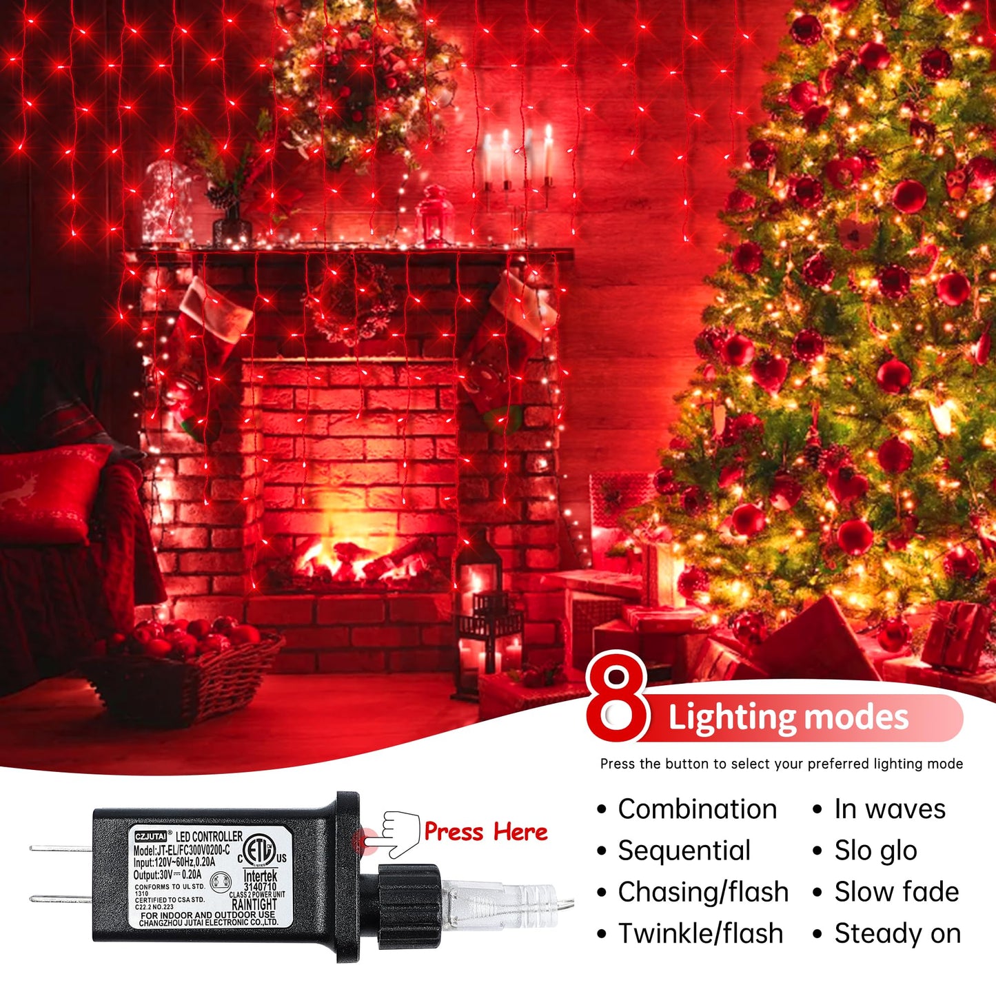 oopswow Christmas Icicle Lights Outdoor,300LED 33FT Christmas String Lights,Connectable Valentine's Day Lights with 30V Plug in for Valentine Wedding Party Eave Garden Wall Indoor Decor, Red