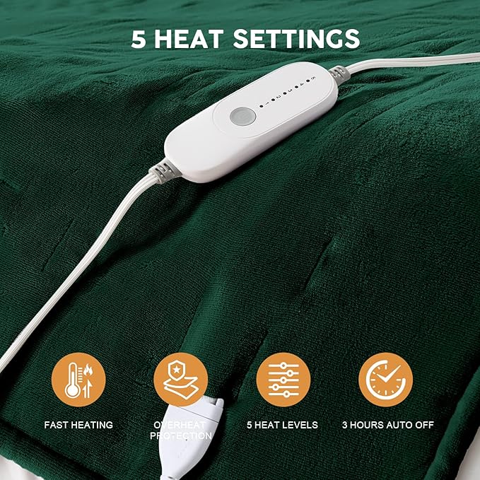 HYLEORY Heated Electric Blanket Twin 62"x84" Soft Fleece & Flannel with 5 Heating Levels & 10 Hours Timer Auto Shutt Off, ETL Certified, Washable，Heated Blanket for Body-Dark Green