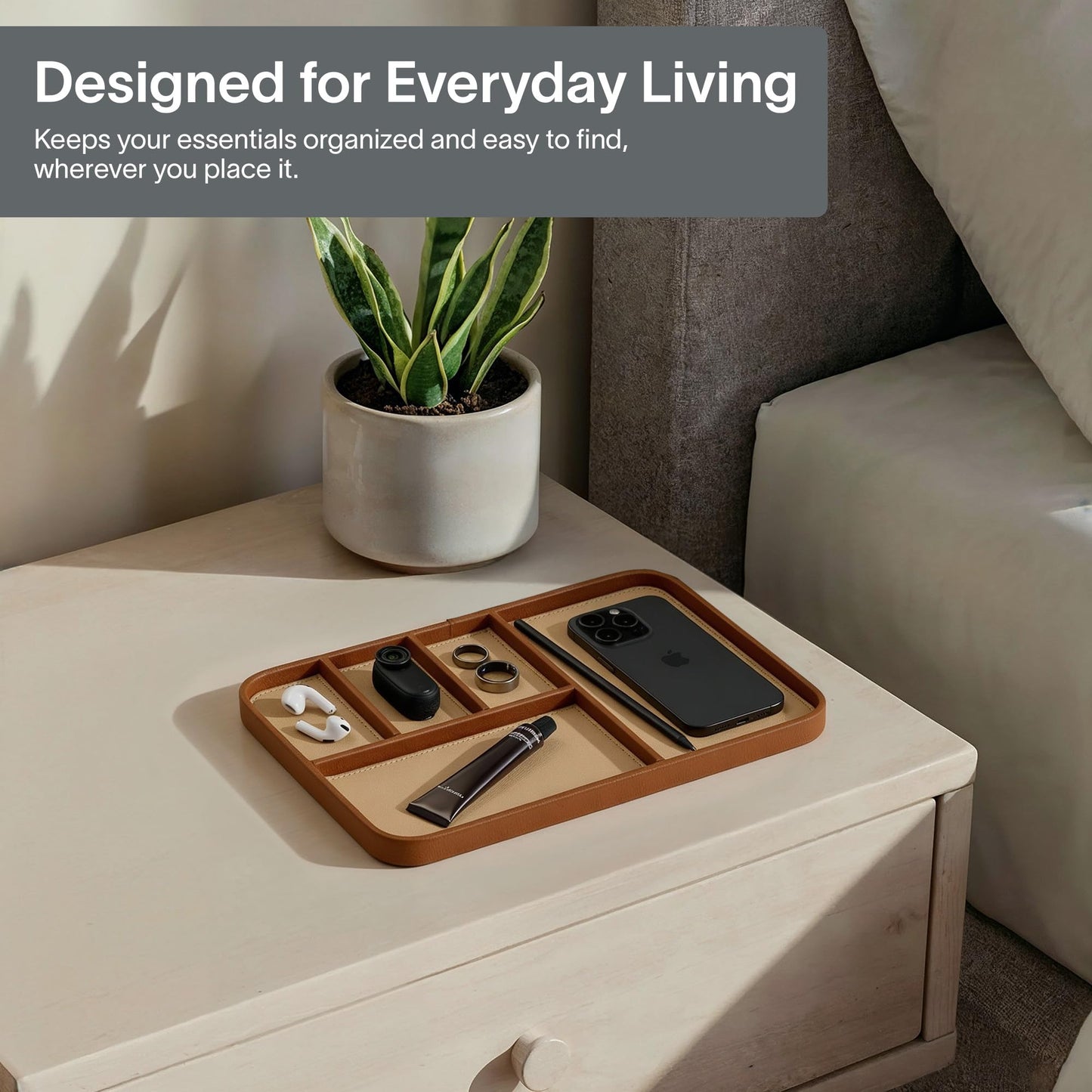 Nordik Leather Valet Tray - Sand Brown - 11.8x7.9 Inch Large Vegan Leather Tray - Stylish Nightstand Organizer for Men - Modern Bedside Caddy - EDC Catchall for Key Watch Wallet Jewellery