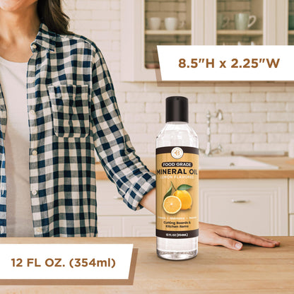 Food Grade Mineral Oil for Cutting Boards - 12 oz Lemon Enriched Butcher Block Oil & Wood Conditioner for Bamboo, Teak, Utensils, Marble, Soapstone, Restores & Protects, Made in USA