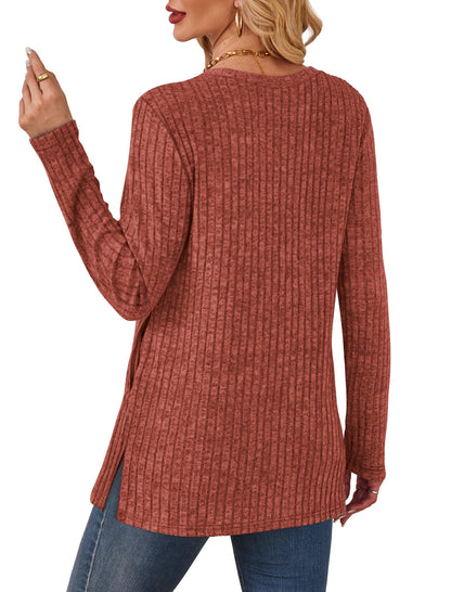 SAMPEEL Womens Sweaters Crewneck Long Sleeve Shirts with Pockets Fall Outfits 2025 Fashion Winter Clothing Side Slit