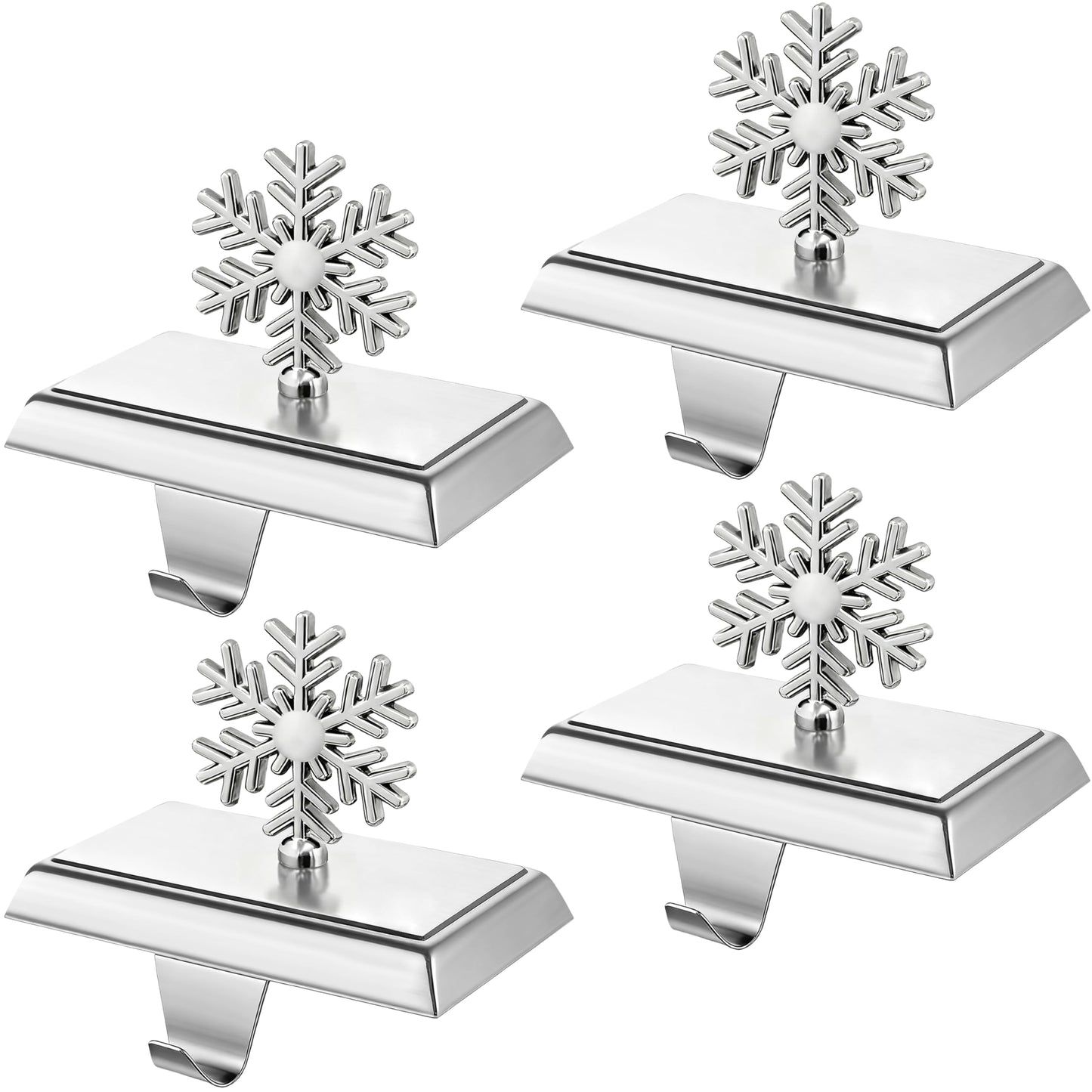 MNKXL Set of 4 Metal Christmas Stocking Holders for Mantle,Heavy Duty Weighted Stocking Holders for Mantle,Silver 3D Snowflake Stocking Holder for Tables Window Fireplace Christmas Decorations