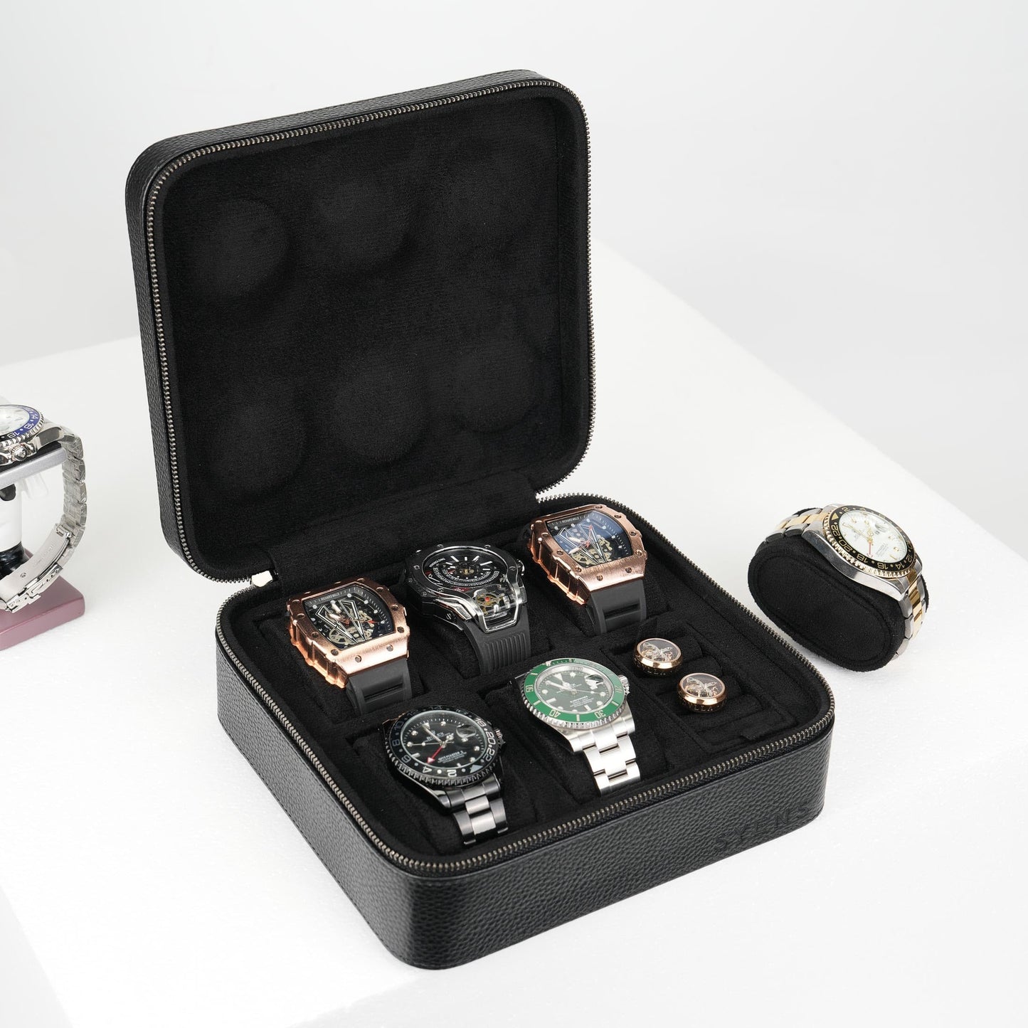 SYENS Real Genuine Leather Watch Travel Case 6 Watches Box, Suitable for all Watches and Smartwatches under 60mm Storage Organizer for Man and Women (6W-Z-BBL)