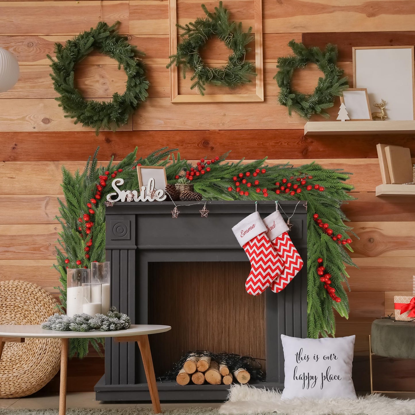 Christmas Norfolk Pine Garland 2PCS 9FT,Real Touch Faux Winter Greenery Garland with Light for Stairs Table Fireplace Backdrop Wall,Christmas Holiday Seasonal Winter Decor