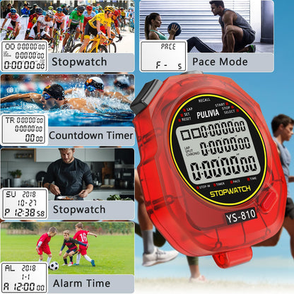 PULIVIA Stopwatch Timer 10 Splits/Laps Digital Stop Watch for Sports, Countdown Alarm Clock Date Memory Recall Large Display, Stopwatch for Coaches PE-Teacher Referee (red, 10 Splits/laps)