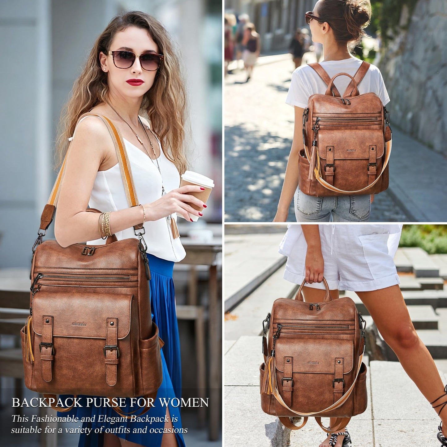 Shrrie Womens Vegan Leather Backpack Purse for Work College Brown Fashion Small Backpack Design Water-Resistant Purse