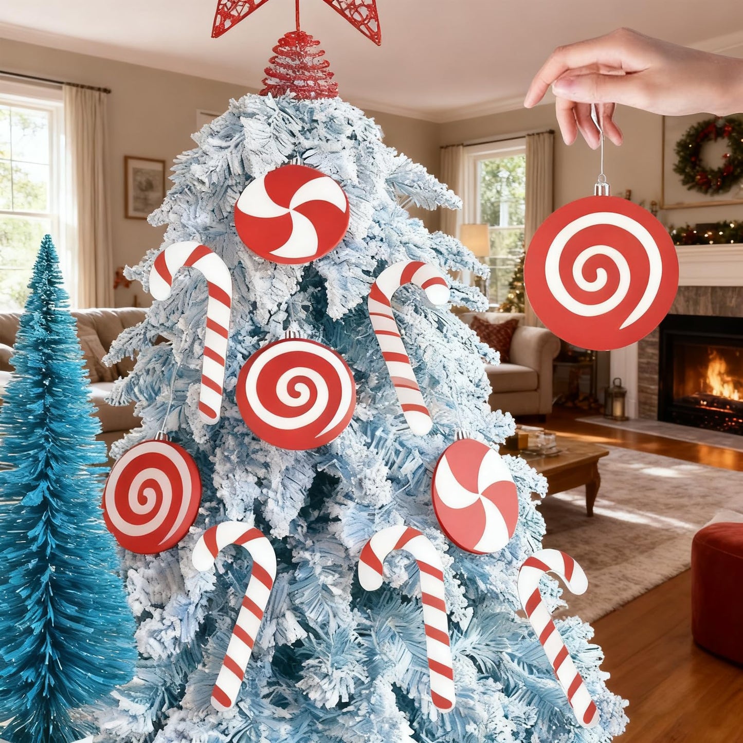 10ct Red and White Christmas Tree Ornaments Shatterproof - Candy Cane and Lollipop Decorations for Xmas Tree, Candyland Theme Party Supplies, Family Kids