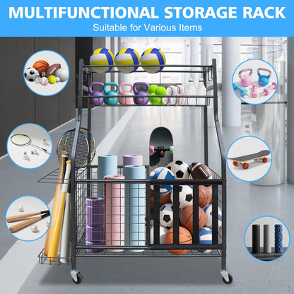 ICSPOID Sports Equipment Garage Organizer, Garage Ball Storage Rack with Basket, Hooks and Rolling Cart for Sports Gear and Toy Storage, Heavy Duty Ball Holder Indoor/Outdoor Use