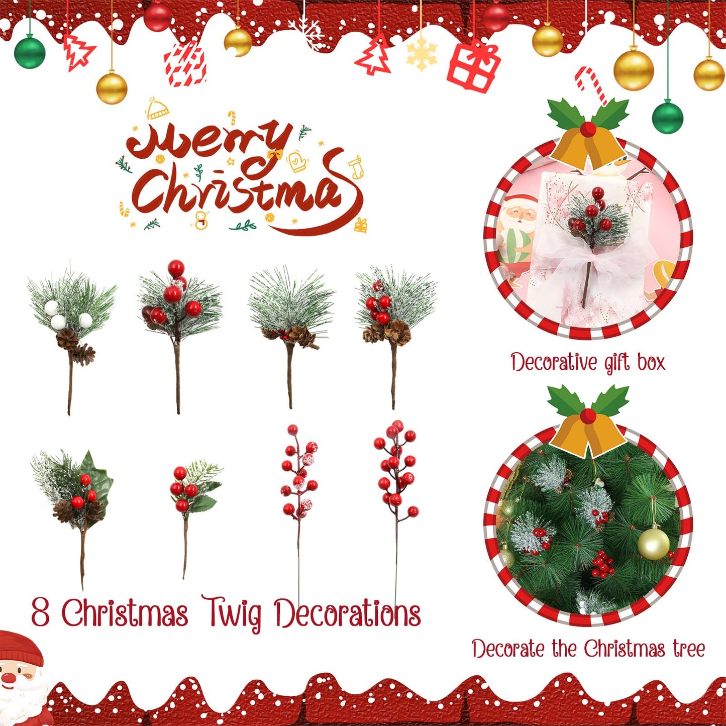 8 Pcs Christmas Floral Picks Artificial Red Berry Stems Pine Needles Branches Pine Cones Acorn Holly Stem Winter Floral Picks Snow Covered for Christmas Tree DIY Crafts Garland Wreath Gift Decoration