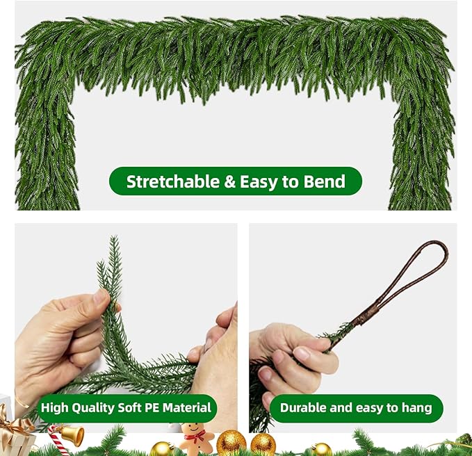 6 Ft Norfolk Pine Christmas Garland - Artificial Faux Pine Needles Real Touch Winter Garland - Indoor/Outdoor Holiday Greenery Garlands for Fireplace Mantle, Staircase, Window Decor