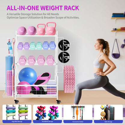 Rumizira Dumbbell Rack, Weight Rack for Home Gym Dumbbells, Adjustable Barbell Rack for Kettlebells Yoga Mat & Balls, Sports Equipment Organizer Storage Rack with Wheels for All in One Workout,White
