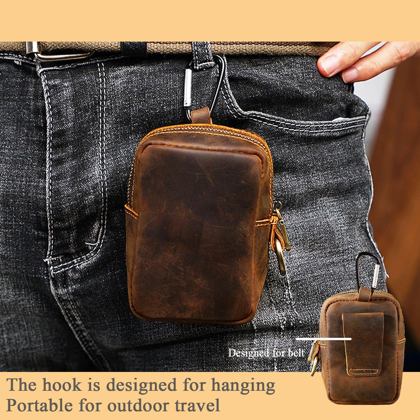 RRBMMH Crazy Horse Leather Coin Purse Retro Zipper Wallet Genuine Leather Coin Pouch for Men Small Leather Change Purse with Key Ring for Travel