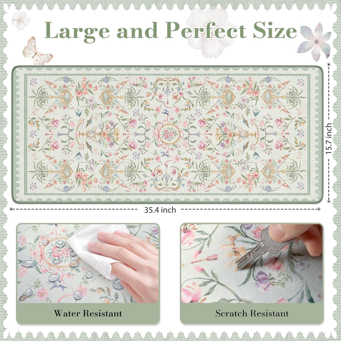 HAOCOO Floral Mouse Pad, 35.4" x 15.7" Waterproof Makeup Mat, Cute Aesthetic Desk Decor Pad, Women Office Keyboard Matt with Stitched Edges, Green Desk Accessories Work for Home