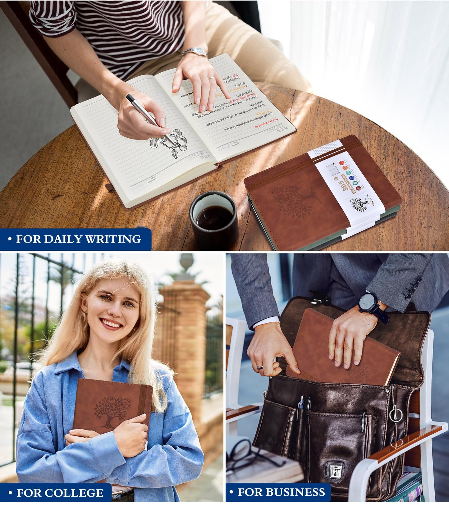 PERCUN B5 Lined Journal Notebook - 365 Page Large Leather Journals for Writing Women Men，Hardcover Notebook with 100Gsm Thick Pages，Daily Diary for Travel, Work，School，College Ruled (7.6" x 10.3")