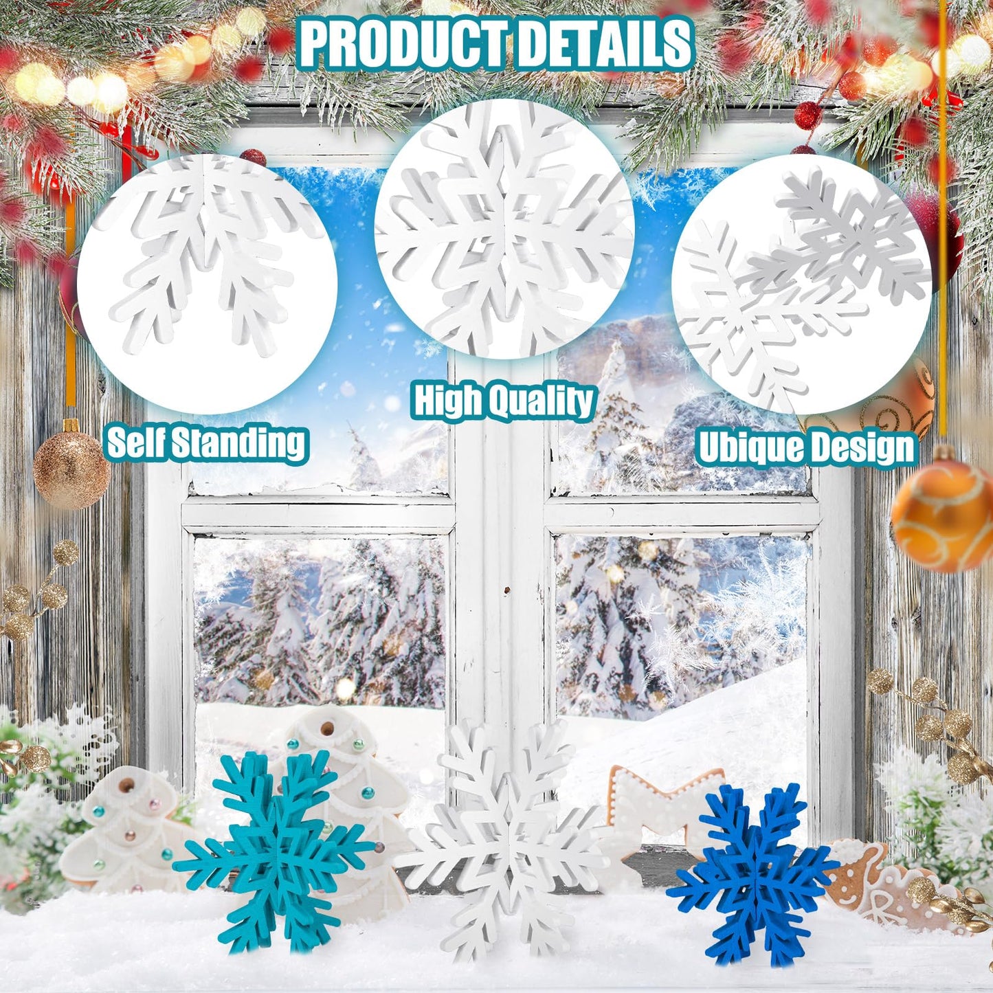 Qunclay 20 Pcs Wooden Snowflake Decorations 3D Snowflake Tabletop Decor Winter Signs and Centerpiece for Winter Wonderland Decorations Xmas Tiered Tray Decor(Dark Blue, Light Blue, White)