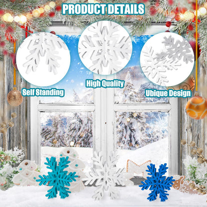Qunclay 20 Pcs Wooden Snowflake Decorations 3D Snowflake Tabletop Decor Winter Signs and Centerpiece for Winter Wonderland Decorations Xmas Tiered Tray Decor(Dark Blue, Light Blue, White)