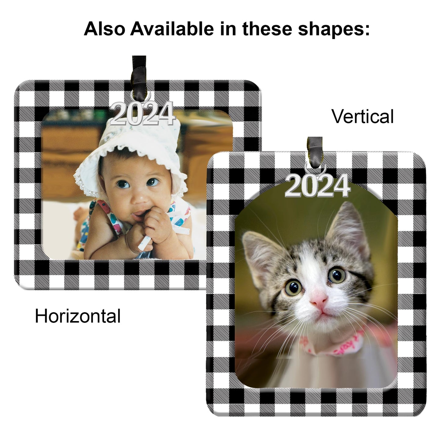2024 Photo Ornaments for Christmas Tree, Classic Black and White Plaid Christmas Frame Ornament, Easy-Load Magnetic Design, with Satin Ribbon, Silver Charm Plus Photo Protector, Round, BW