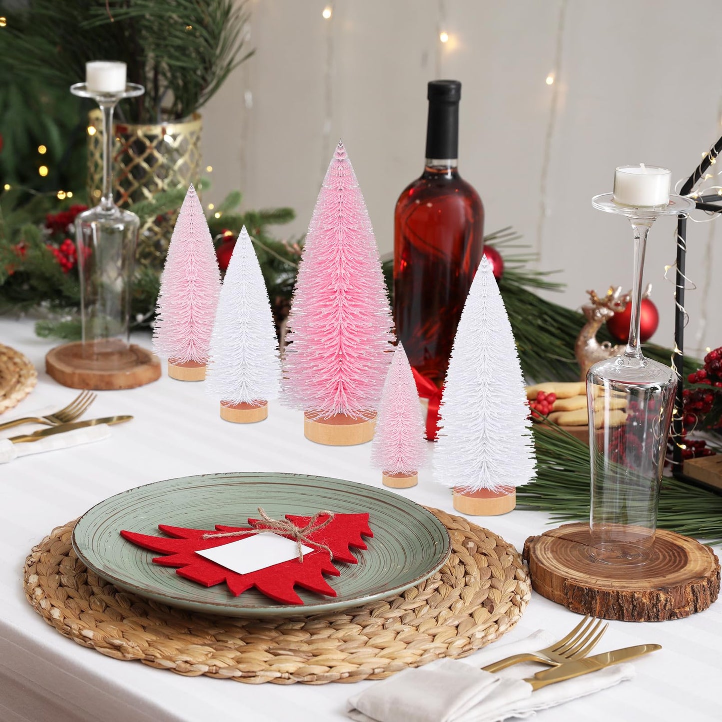 Leyndo 9 Pcs Pink Classic Artificial Mini Christmas Tree Sisal Bottle Brush Trees with Wood Base Christmas Pine Trees for Autumn Winter Holiday Home Kitchen Party Decor